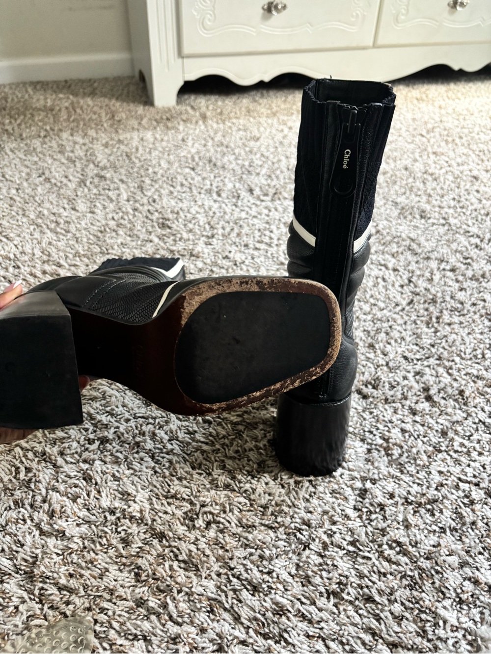 Chloe Black Mid-Calf Boots with White Piping - Picture 4 of 4